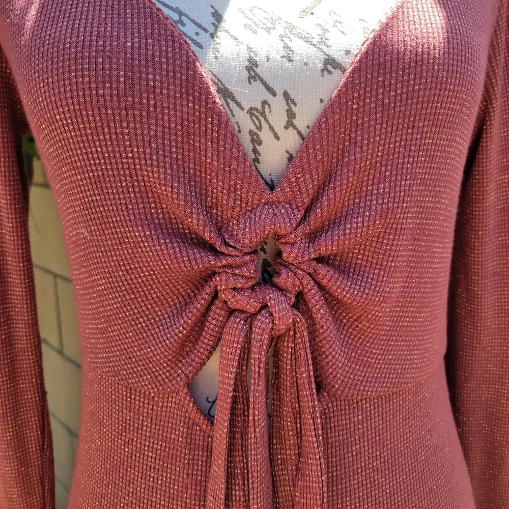 Free People Intimately Cut Out Tied Flutter Long Sleeve‎ Top Shimmer Size M